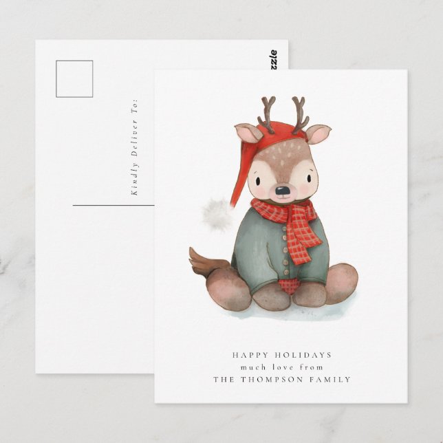 Cute Reindeer Watercolor Holiday Postcard (Front/Back)