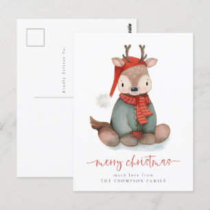 Cute Reindeer Watercolor Merry Christmas Holiday Postcard