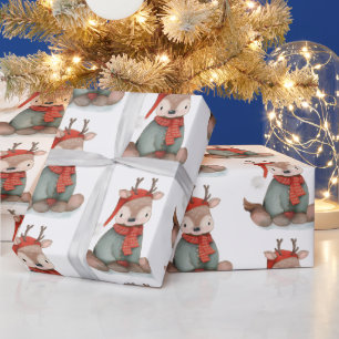 Cute Reindeer Watercolor Pattern Holiday Wrapping Paper
