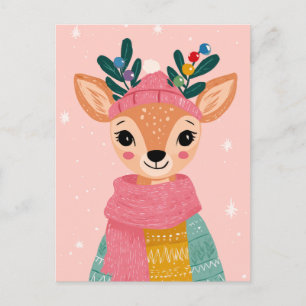 Cute Reindeer Watercolor Whimsical Christmas  Postcard