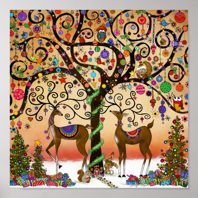 Cute Reindeer Whimsical Ornaments Christmas Poster (Front)