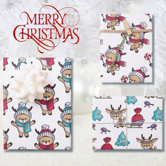 Cute Reindeer Winter Scarves at Christmas Wrapping Paper Sheet (Creator Uploaded)