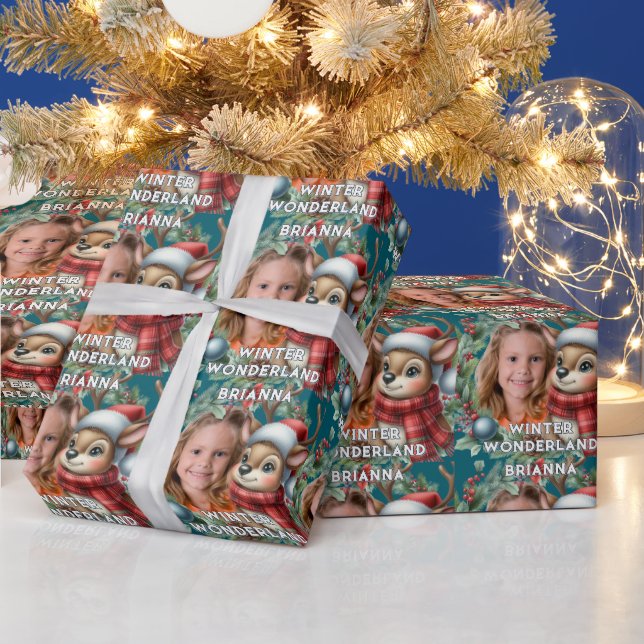 Cute Reindeer Winter Wonderland Christmas Photo Wrapping Paper (Holidays)