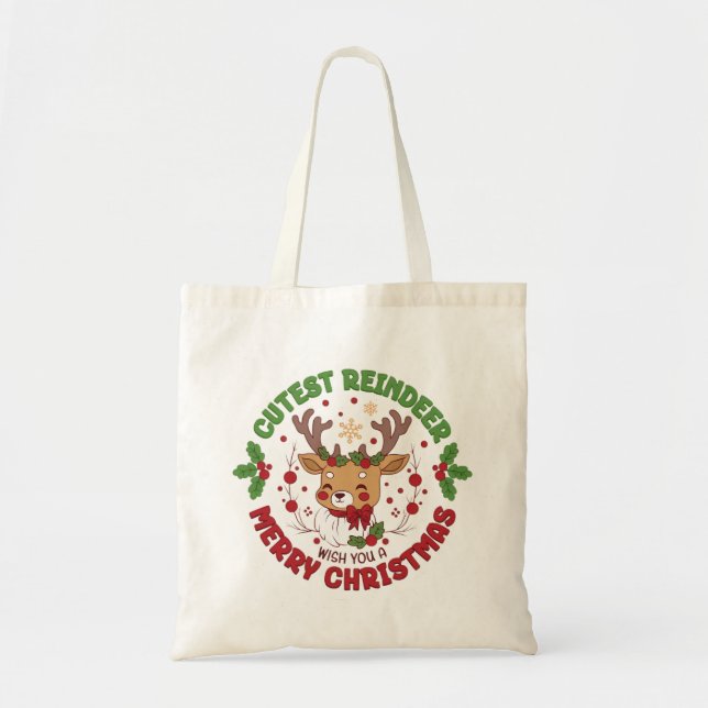 Cute Reindeer Wish You A Merry Christmas Tote Bag (Front)