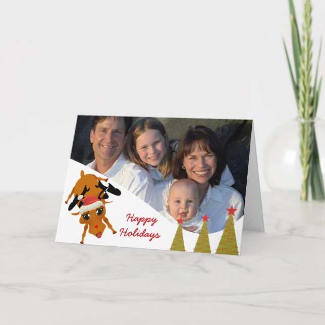 Cute Reindeer with Family Photo or Couples Photo Holiday Card (Front)