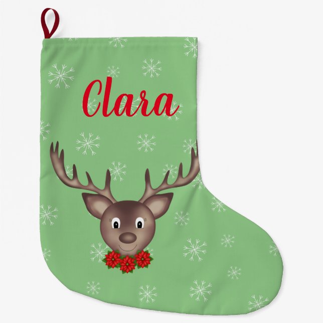 Cute reindeer with flowers add name large christmas stocking (Front)
