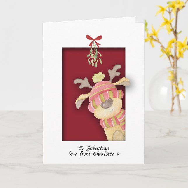 Cute Reindeer With Mistletoe Christmas Card (Yellow Flower)