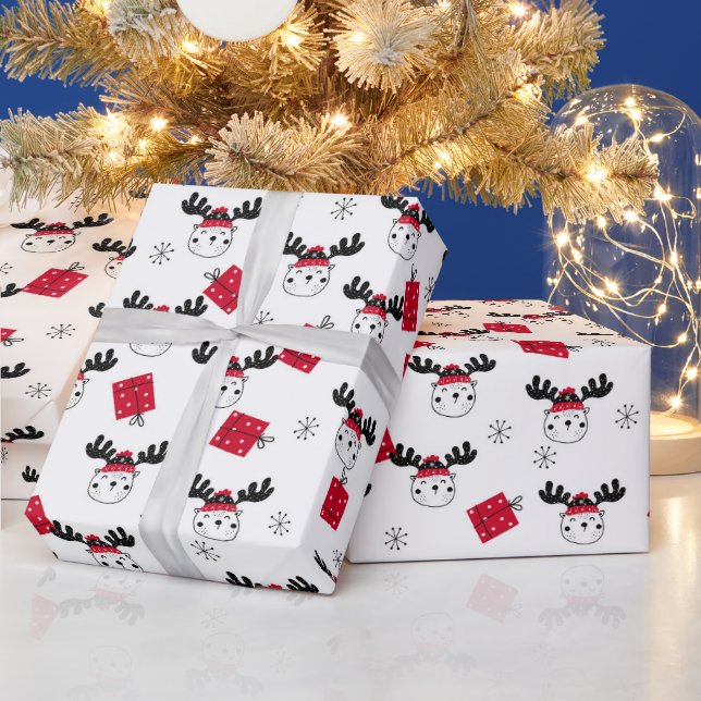 Cute Reindeer With Santa Hat Christmas Gift  Wrapping Paper (Holidays)