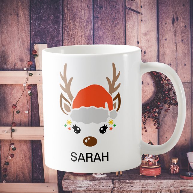 Cute Reindeer with Santa Hat Custom Name Coffee Mug (Cute Reindeer with Santa Hat Custom Name Coffee Mug
)