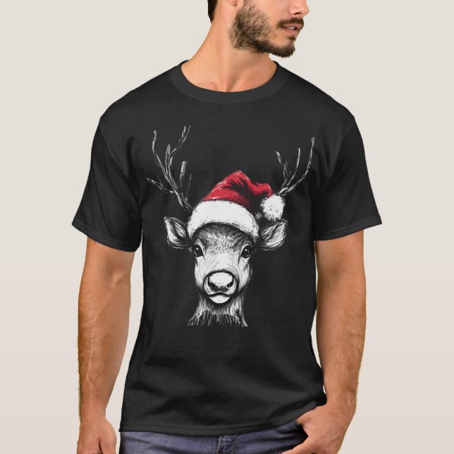 Cute Reindeer With Santa Hat T-Shirt (Front)
