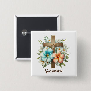 Cute Religious Cross add text 15 Cm Square Badge