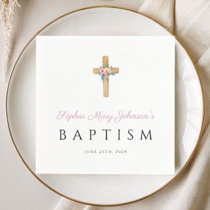Cute Religious Pink Floral Cross Baptism Napkin
