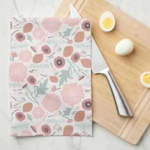Cute Repeat Floral Pink Cream Botanical Print  Tea Towel