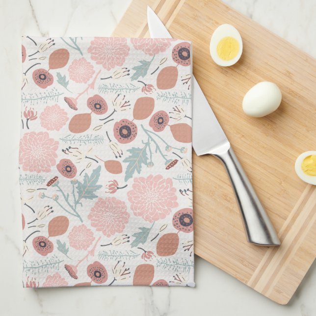 Cute Repeat Floral Pink Cream Botanical Print  Tea Towel (Quarter Fold)