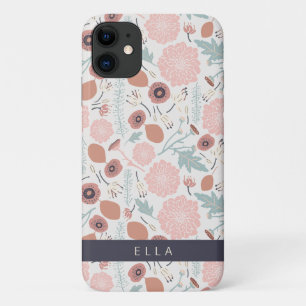 Cute Repeat Pink Cream Botanical Floral Print Name iPhone 11 Case
