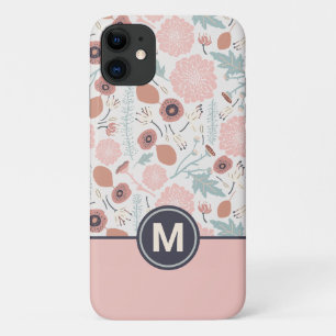Cute Repeat Pink Cream Floral Botanical Monogram iPhone 11 Case