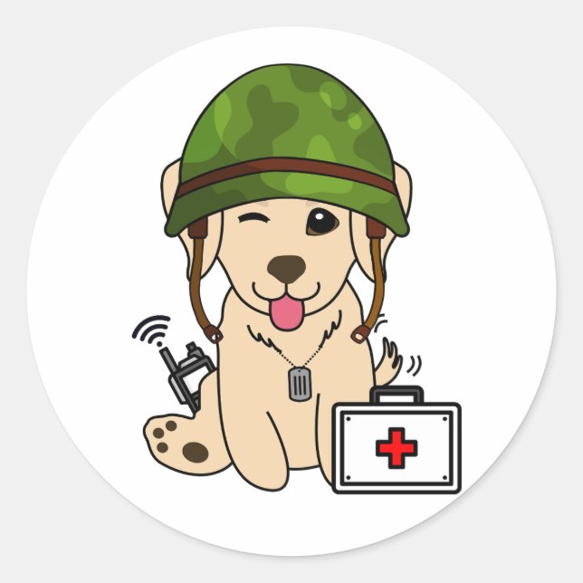 Cute Retriever Dog Wearing army helmet Classic Round Sticker (Front)