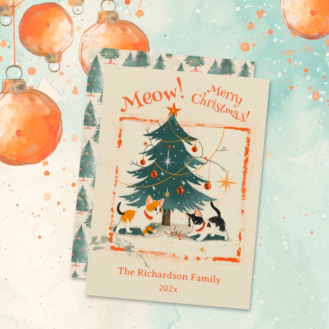 Cute Retro 1950s Cats Christmas Tree Holiday Card (Cute Retro 1950s Cats Christmas Tree Flat Card)