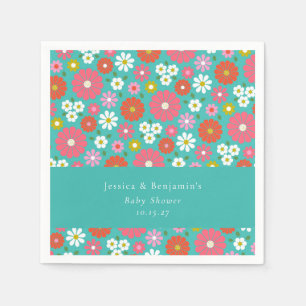 Cute Retro 60s Flower Turquoise Custom Baby Shower Napkin