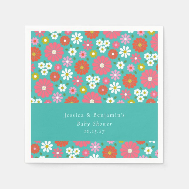 Cute Retro 60s Flower Turquoise Custom Baby Shower Napkin (Front)