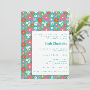 Cute Retro 60s Flowers Turquoise Bat Mitzvah Invitation