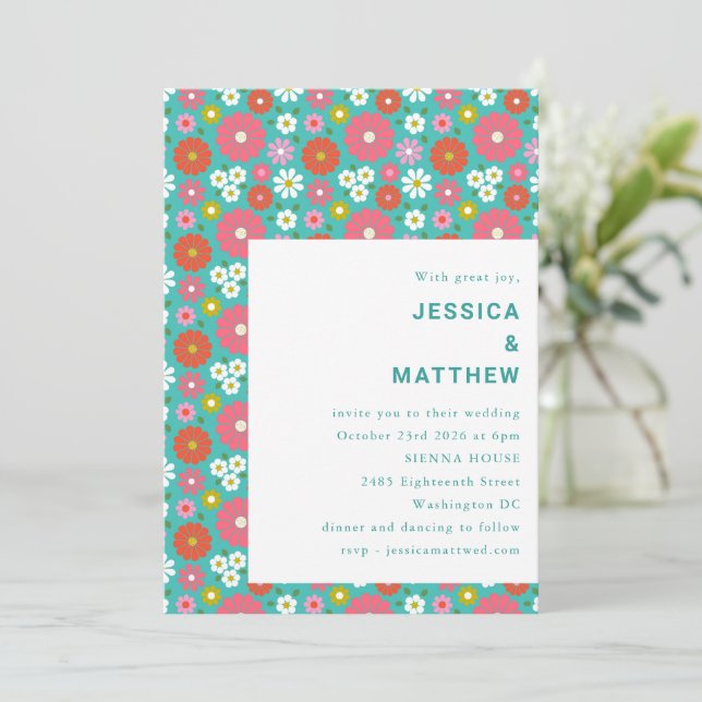 Cute Retro 60s Flowers Turquoise Blue Wedding Invitation (Standing Front)