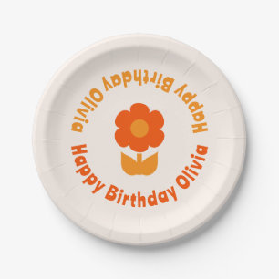 Cute Retro 70s Flower Happy Birthday Personalized Paper Plate