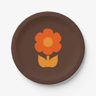 Cute Retro 70s Flower Orange and Brown Paper Plate