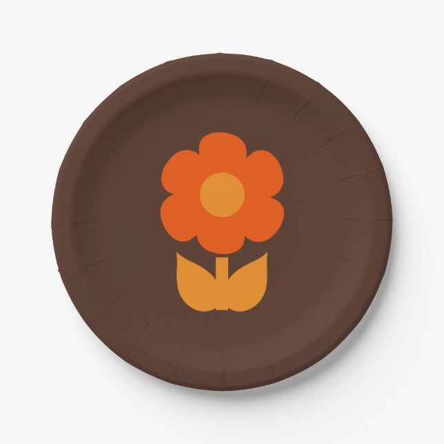 Cute Retro 70s Flower Orange and Brown Paper Plate (Front)
