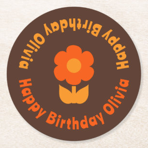 Cute Retro 70s Personalized 1970s Birthday Name Round Paper Coaster