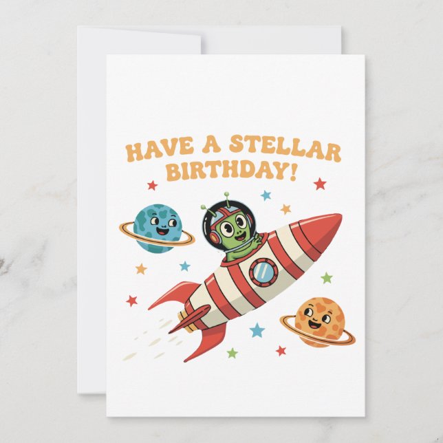 Cute Retro Alien in Rocket Ship | Stellar Space Bi Invitation (Front)