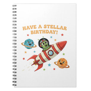 Cute Retro Alien in Rocket Ship   Stellar Space Bi Notebook