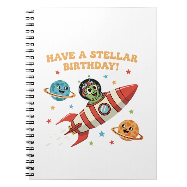 Cute Retro Alien in Rocket Ship | Stellar Space Bi Notebook (Front)