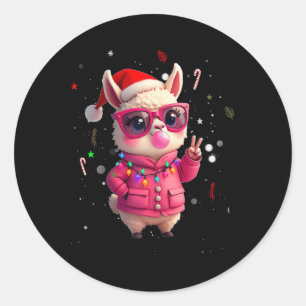 Cute Retro Alpaca Christmas Blowing Bubble Gum Gir Classic Round Sticker