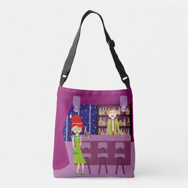 Cute Retro Art Romantic Bar Nightlife Cartoon Crossbody Bag (Back)