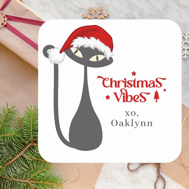 Cute Retro Atomic Black Cat Christmas Square Sticker (Retro Atomic Cat Sticker)