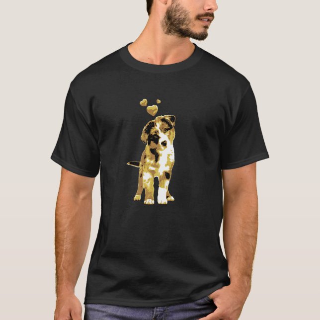 Cute Retro Australian Shepherd Dog With Hearts Vin T-Shirt (Front)
