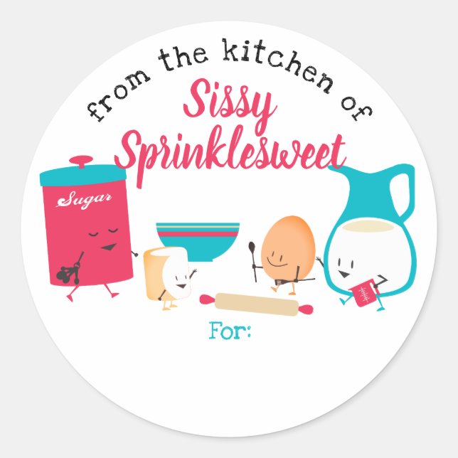 Cute retro baking ingredients personalised to from classic round sticker (Front)