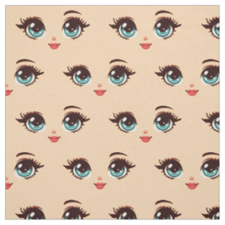 cute retro big blue ye girl cartoon doll face fabric