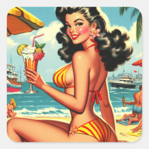 Cute Retro Bikini Girl Square Sticker