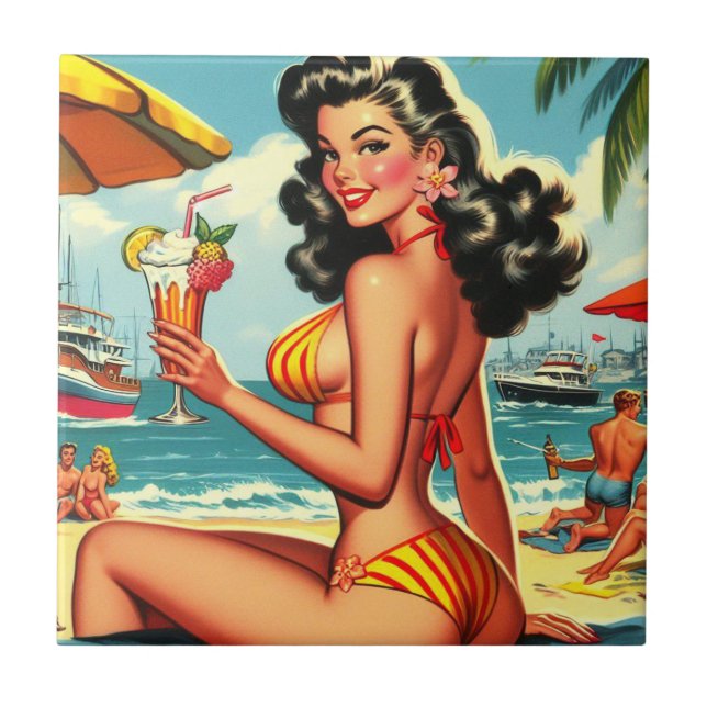 Cute Retro Bikini Girl Tile (Front)
