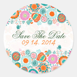 Cute Retro Birds & Flowers Save The Date Classic Round Sticker
