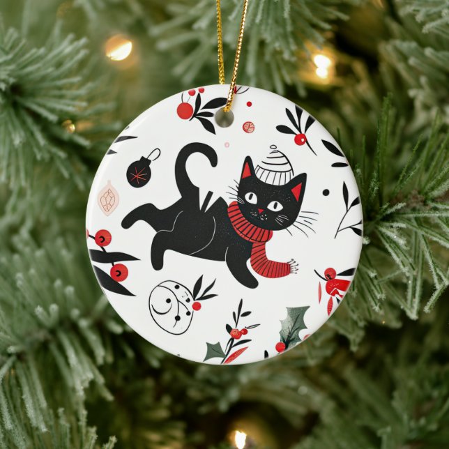 Cute Retro Black Cat Christmas Ceramic Tree Decoration (Tree)