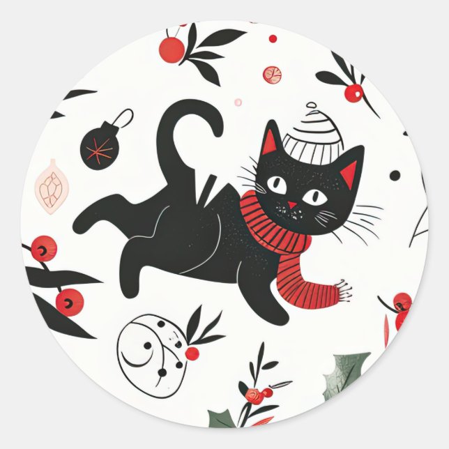 Cute Retro Black Cat Christmas Classic Round Sticker (Front)