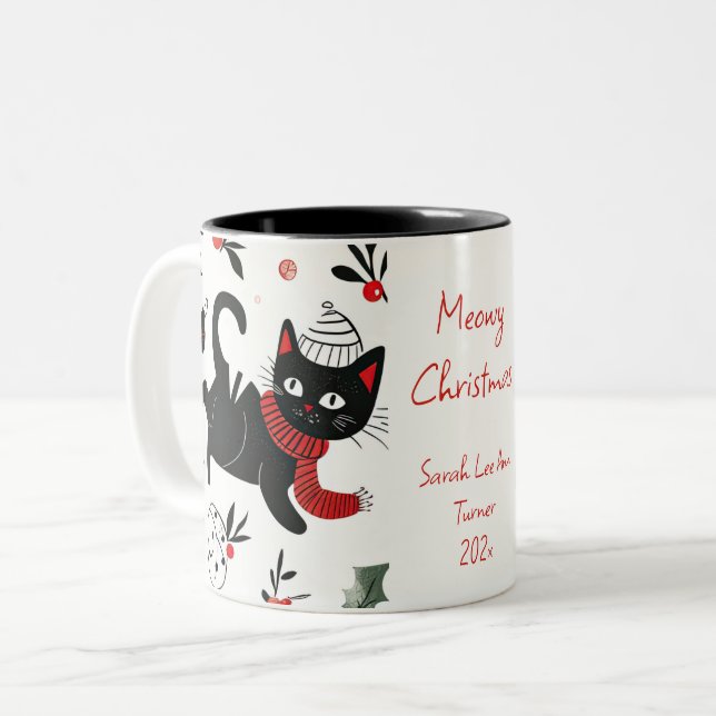 Cute Retro Black Cat Christmas Two-Tone Coffee Mug (Front Left)