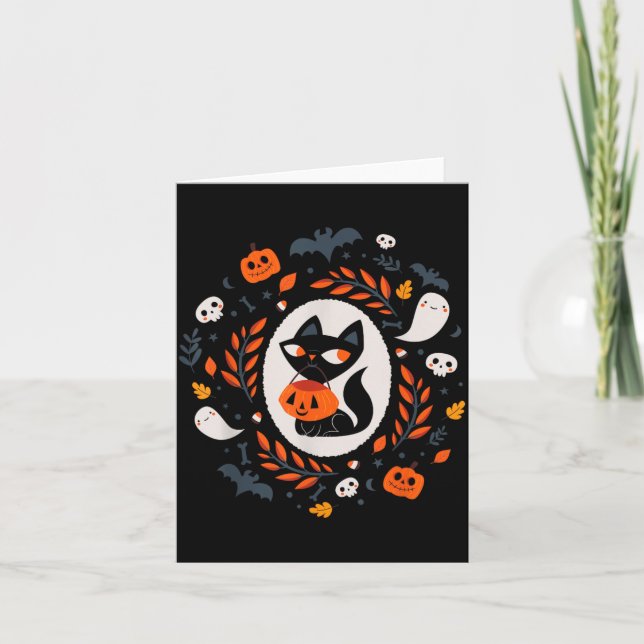 Cute Retro Black Cat Fall Halloween Card (Front)