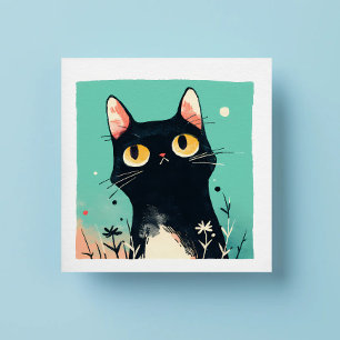 Cute Retro Black Cat on Blue Background Square Sticker