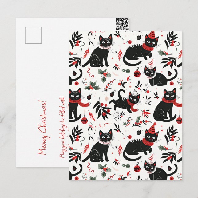 Cute Retro Black Cats Christmas Postcard (Front/Back)