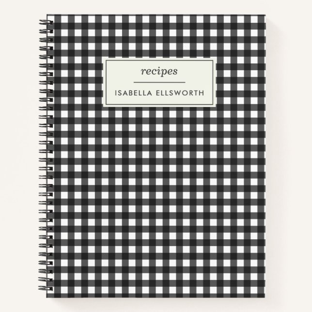 Cute Retro Black Gingham Plaid Personalised Recipe Notebook (Front)
