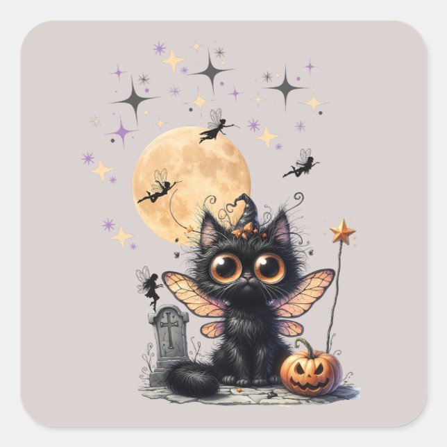 Cute Retro Black Wide-Eyed Fairy Kitten Halloween Square Sticker (Front)